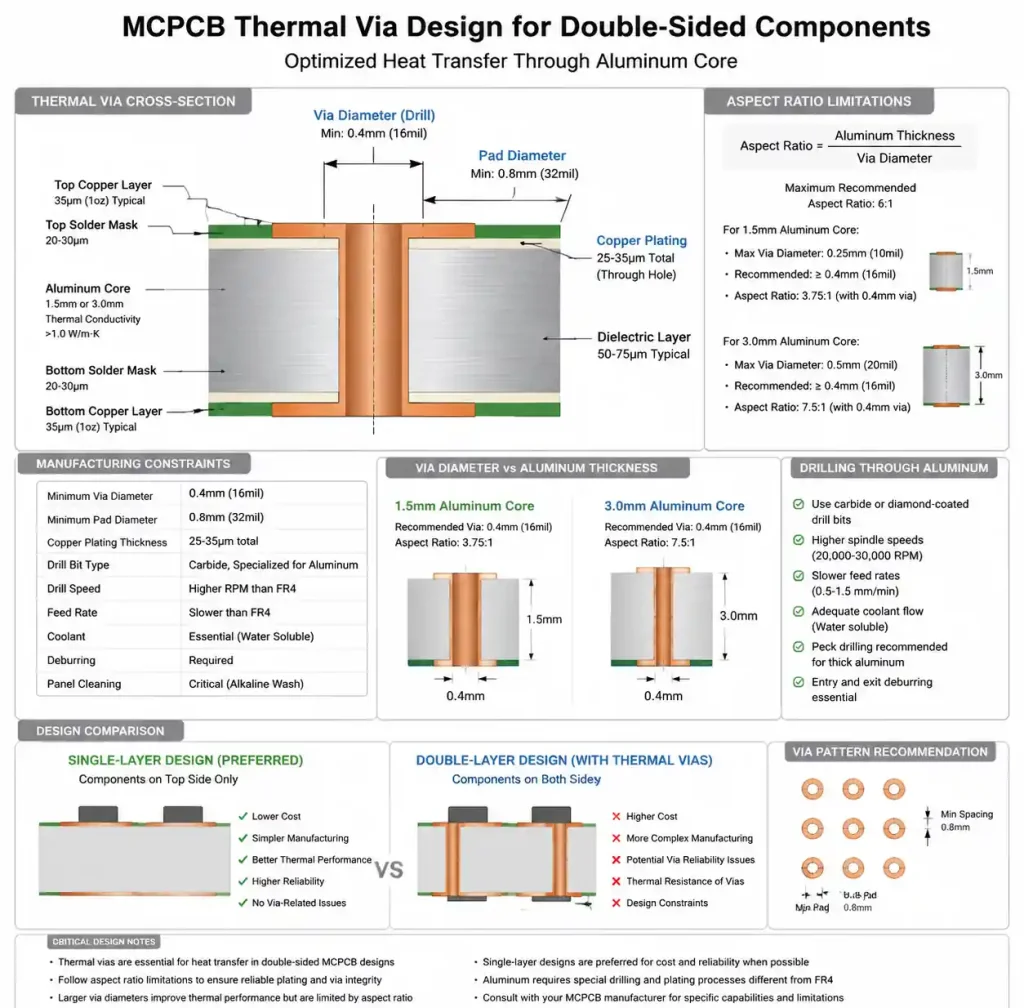 MCPCB thermal via design showing via diameter, pad size, and plating through aluminum base for double-sided medical boards