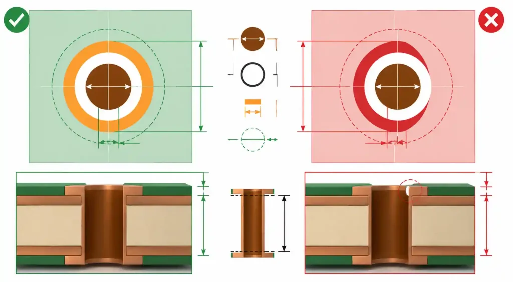 Microvia capture pad design showing annular ring requirements and registration tolerance