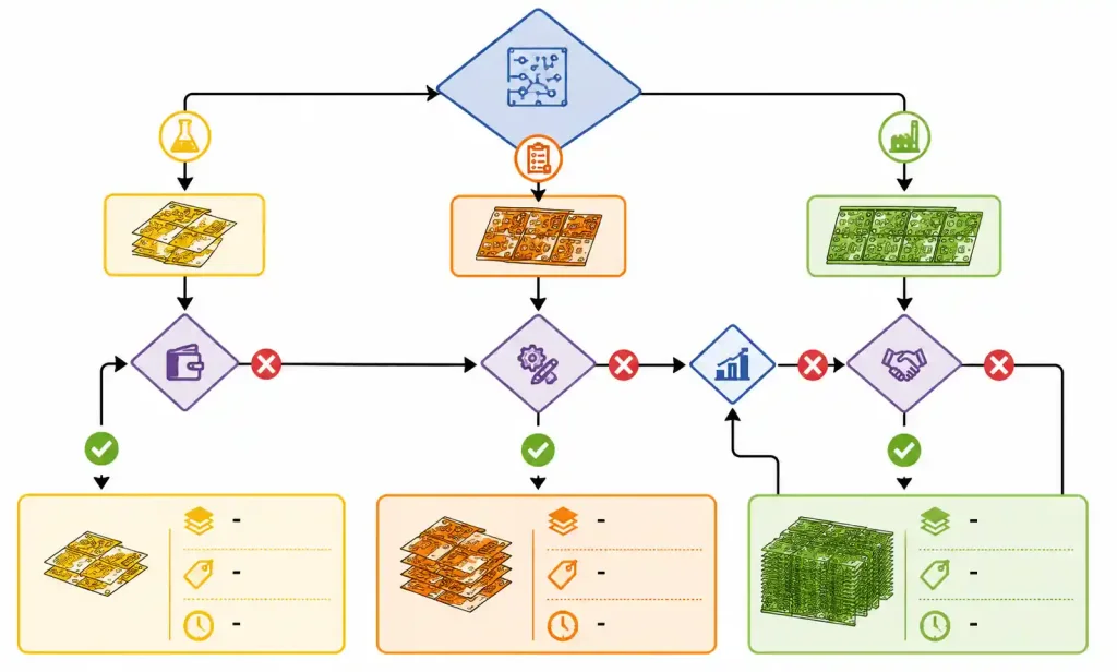 Decision flowchart for choosing optimal rigid-flex PCB order quantity based on project stage