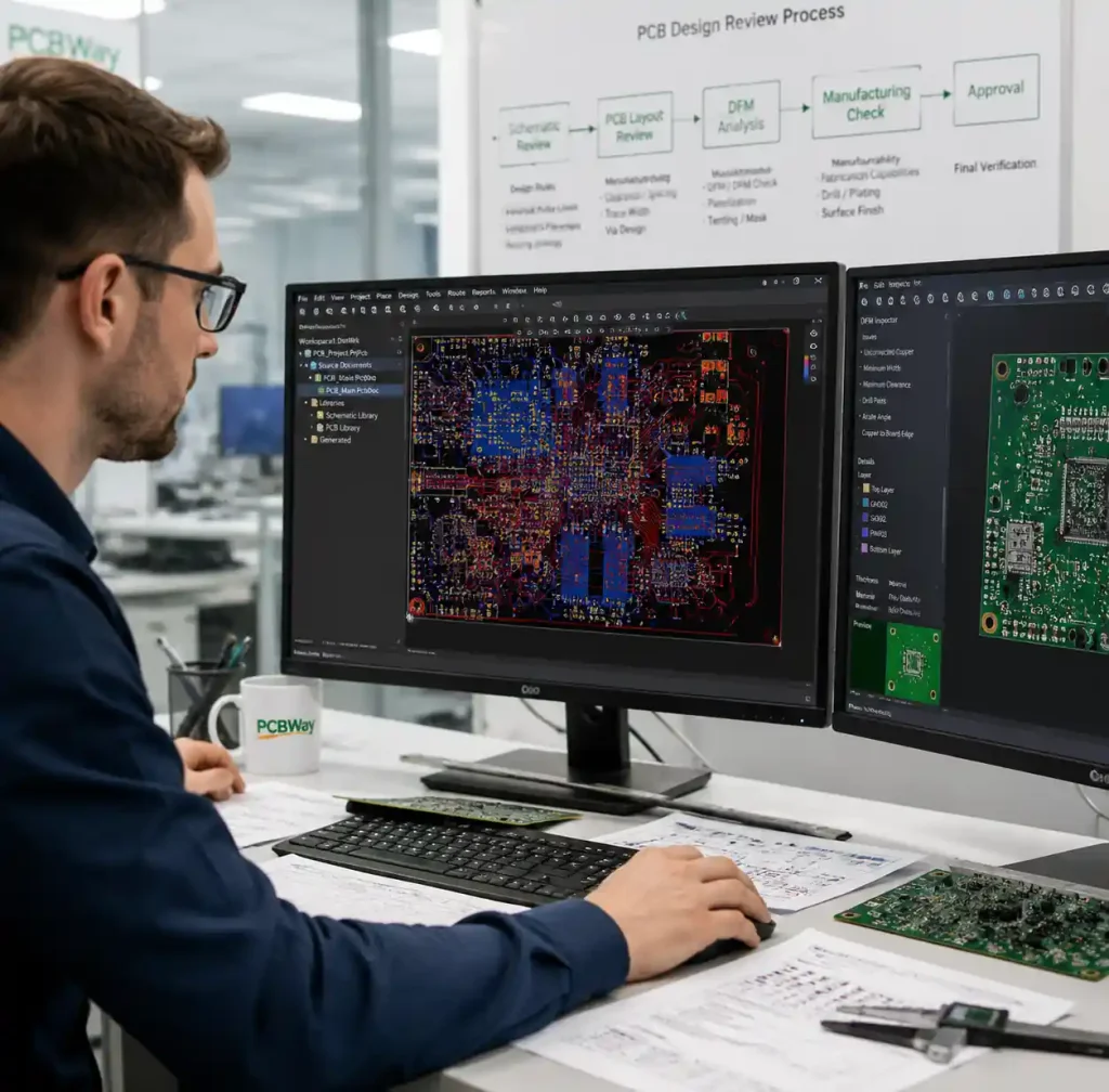 PCB design engineer reviewing DFM analysis and technical specifications