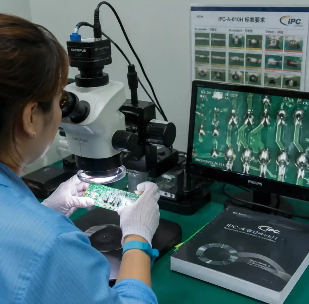 PCB quality inspection with magnification and IPC standards verification