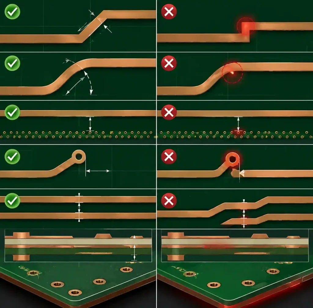 RF trace routing best practices showing proper corner chamfering, via placement, ground clearance, and spacing rules for Rogers 4350B PCB design