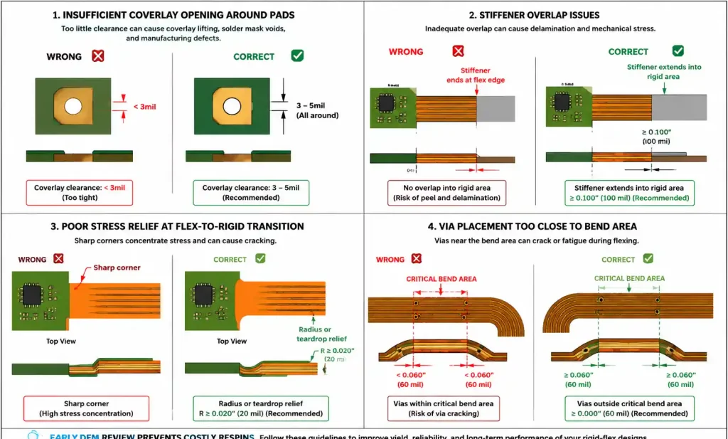 Common DFM issues in rigid-flex PCB designs with corrected solutions
