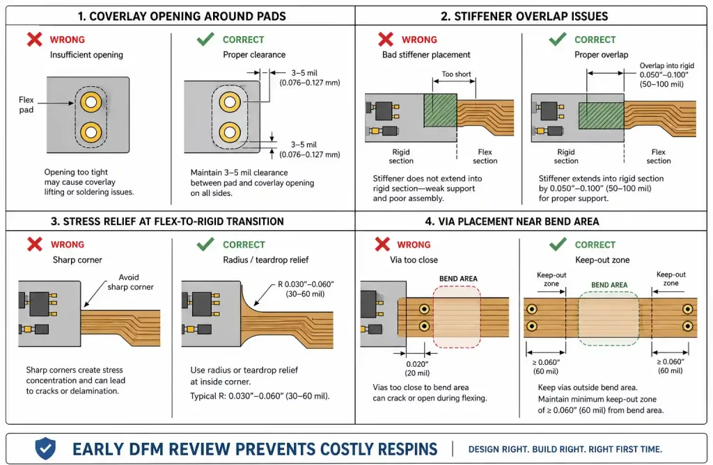 Common DFM issues in rigid-flex PCB designs with corrected solutions