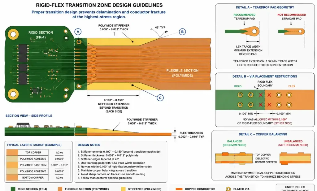 Rigid-flex transition zone design showing stiffener placement teardrop pads and strain relief features