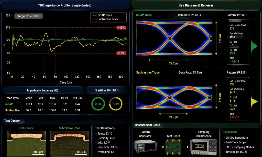 Signal integrity measurement showing mSAP impedance control and eye diagram improvement