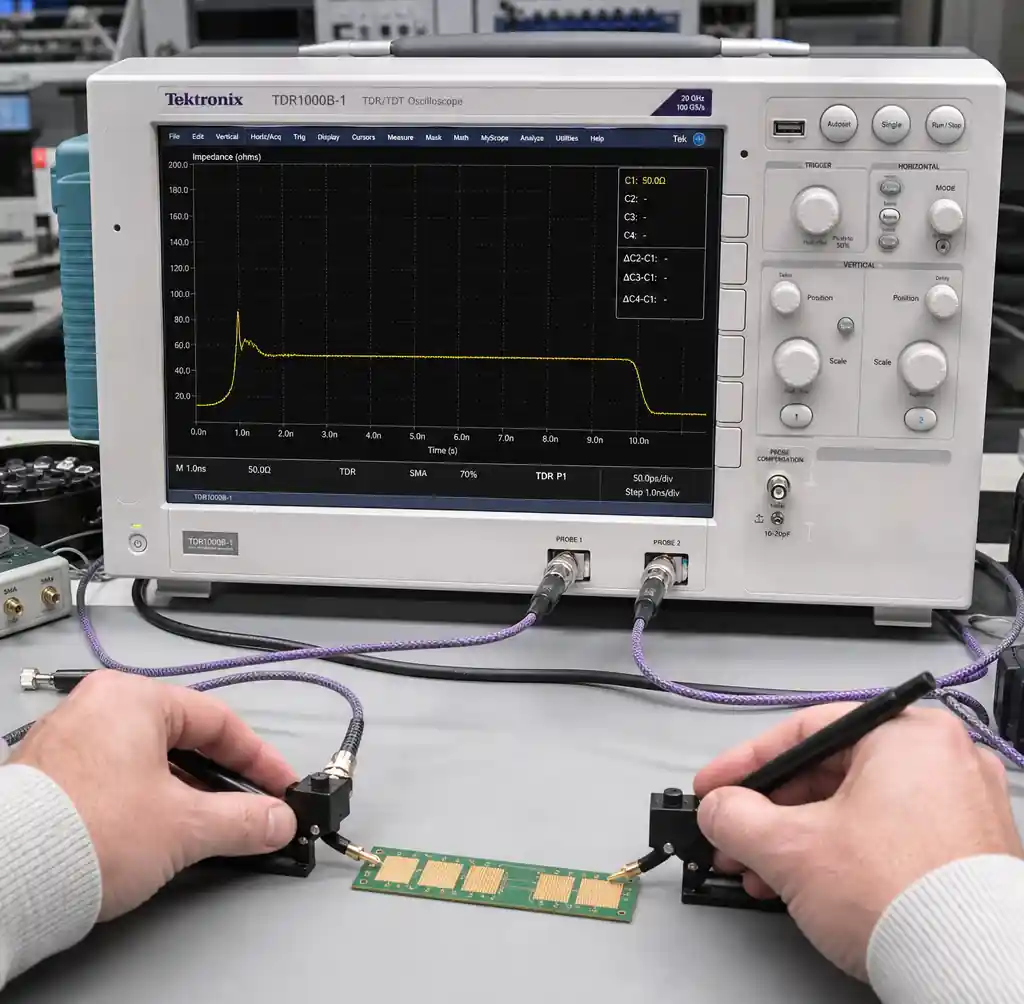 TDR instrument measuring a PCB impedance test coupon with waveform on screen
