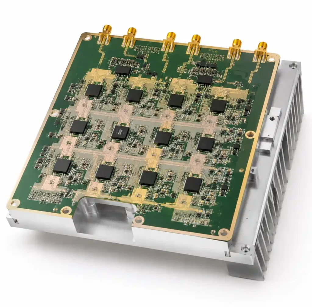 5G massive MIMO RF front-end module using Rogers 4350B metal core PCB showing power amplifier array, antenna feed network, and thermal interface