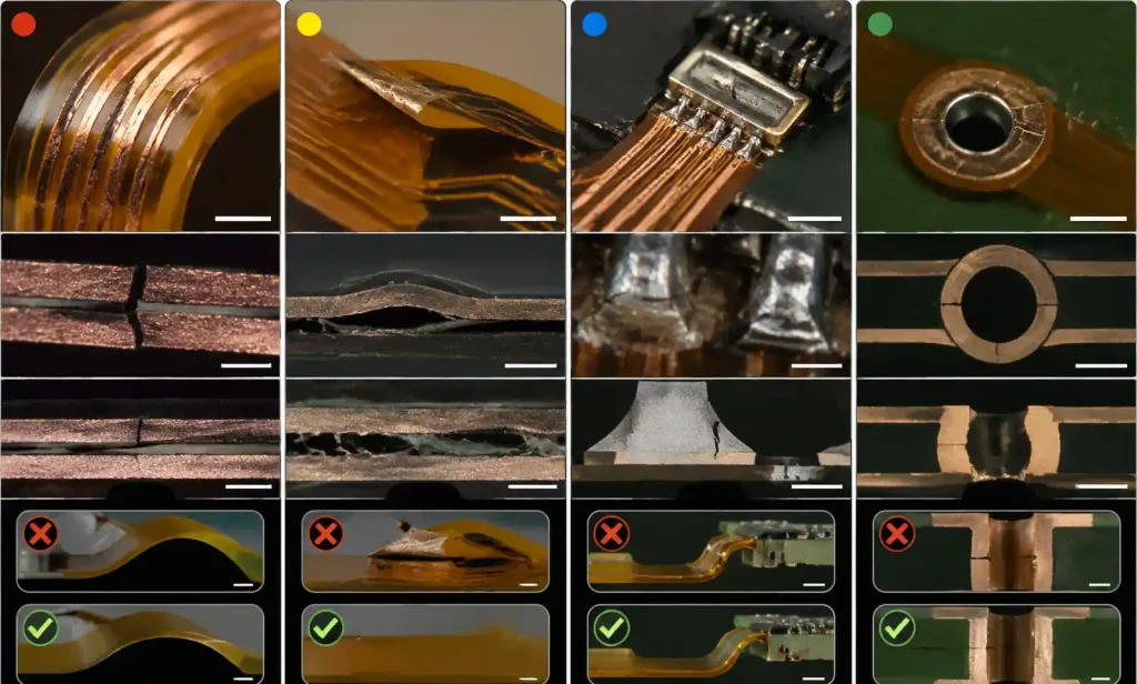 Common failure modes in wearable flexible PCB designs including copper cracking and delamination