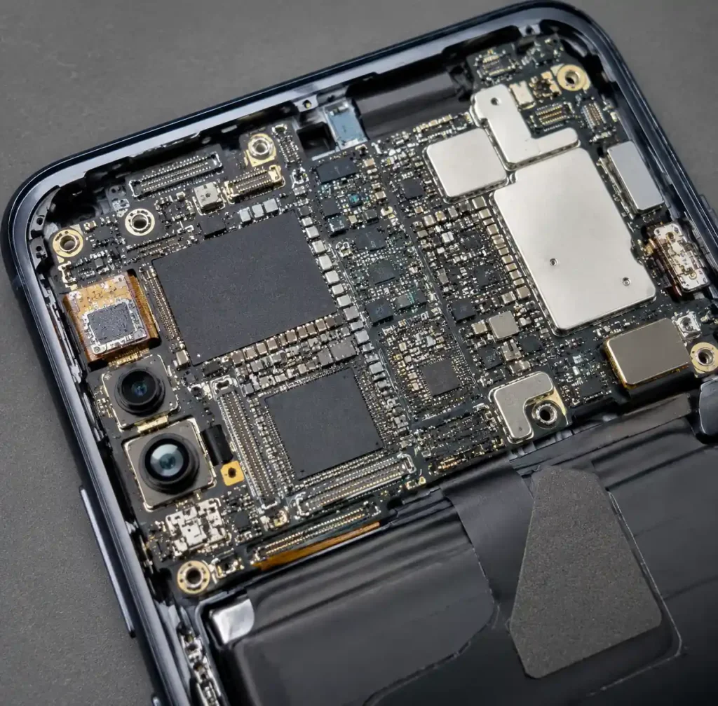 HDI PCB mainboard inside smartphone showing high component density