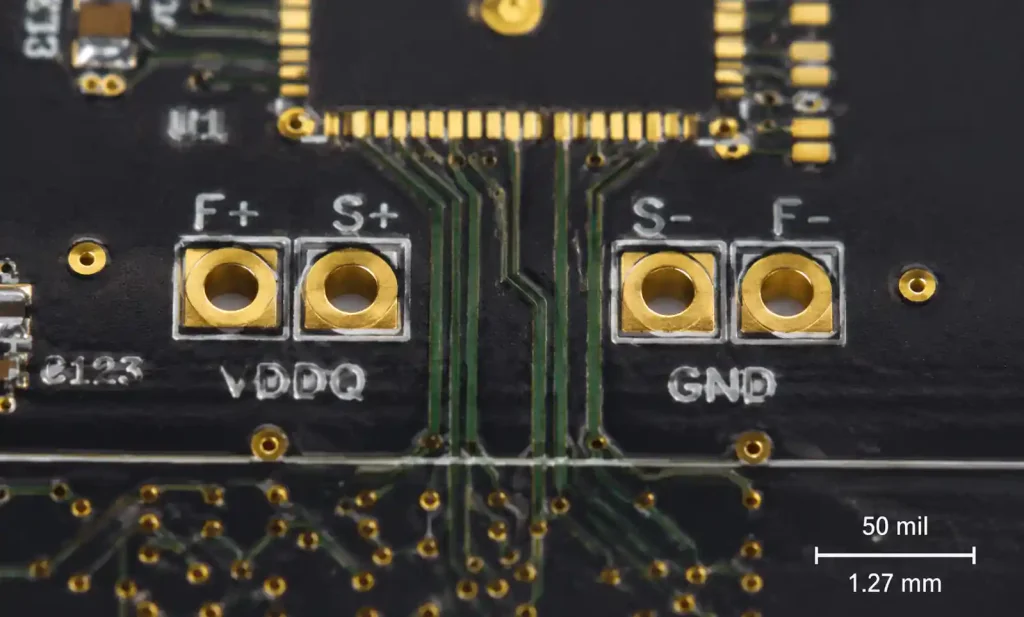 Kelvin sensing probe pad layout showing four-wire force and sense connections for accurate parametric measurement
