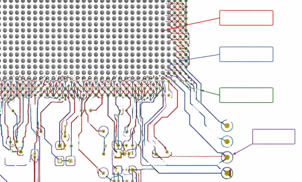 PCB layout showing BGA fanout pattern with via placement for flying probe test access",