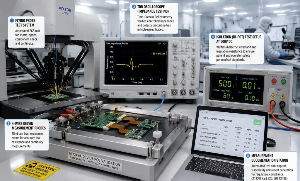 PCB electrical testing equipment setup for medical device validation including TDR impedance testing