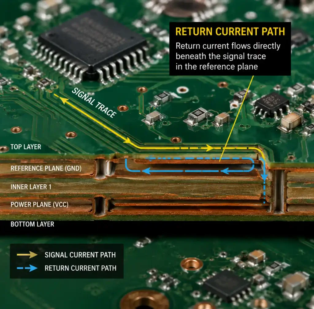 PCB showing signal trace and return current path through reference plane