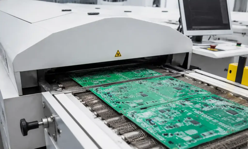 PCB going through reflow oven during assembly process