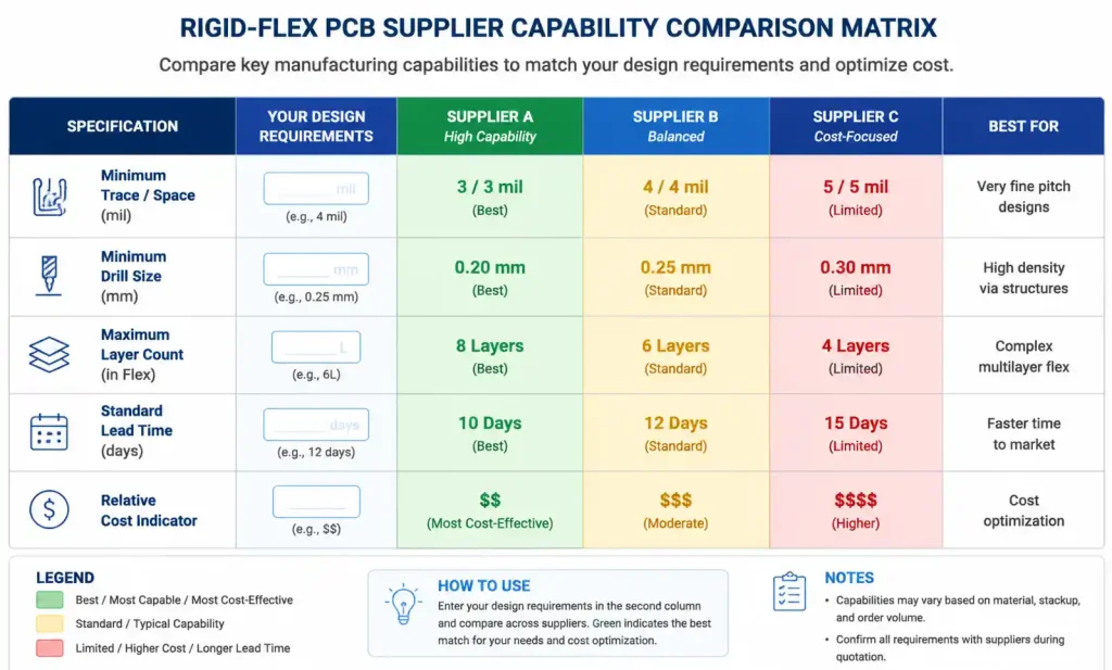 PCB manufacturer capability matrix comparing specifications across suppliers