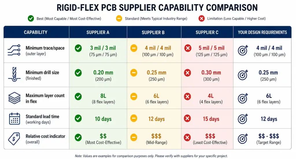 PCB manufacturer capability matrix comparing specifications across suppliers