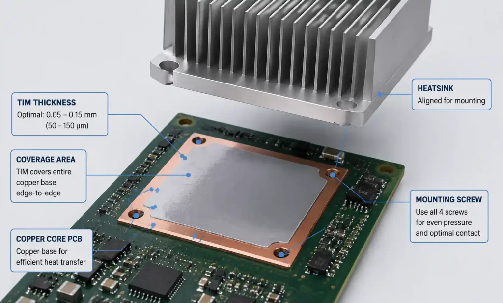 Thermal interface material application between copper core PCB and heatsink assembly