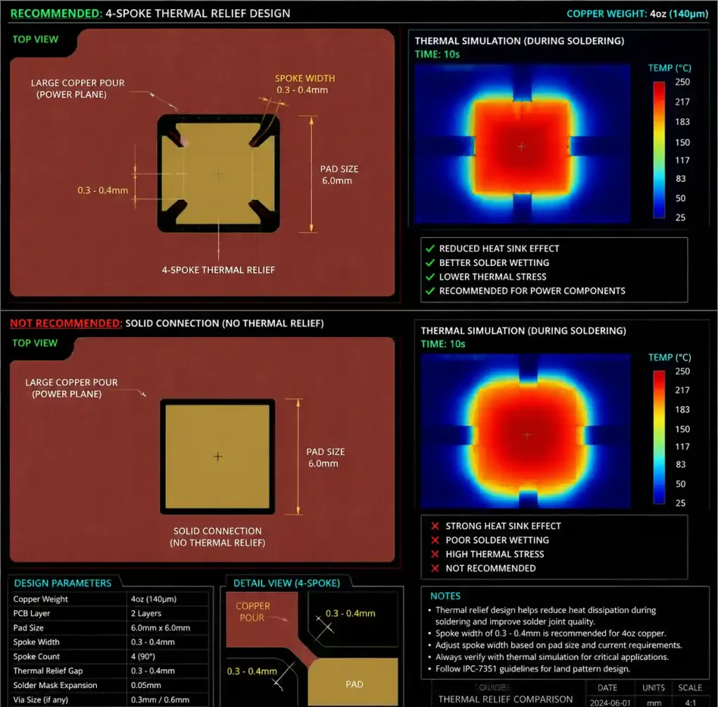 Thermal relief spoke design for heavy copper power pads in motor driver PCB