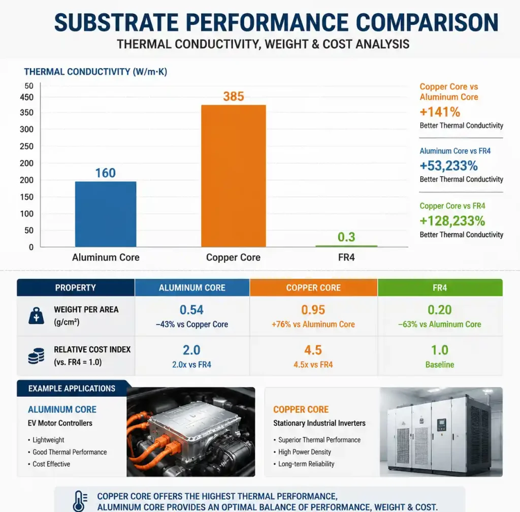 Aluminum core vs copper core substrate thermal conductivity comparison chart