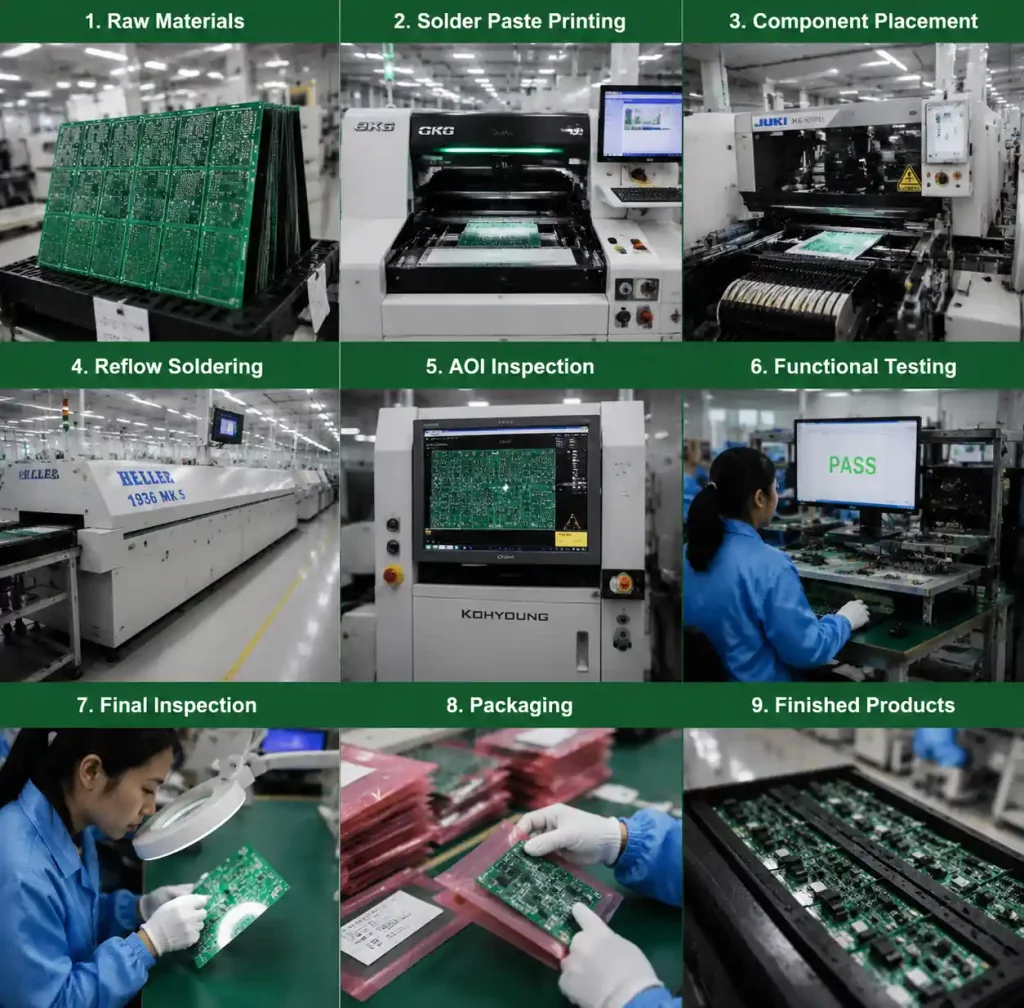 PCB assembly production workflow from components to finished boards