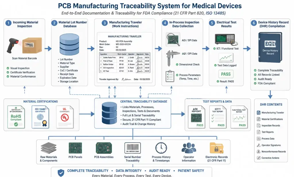 Medical device PCB manufacturing traceability system showing material lot tracking and DHR documentation