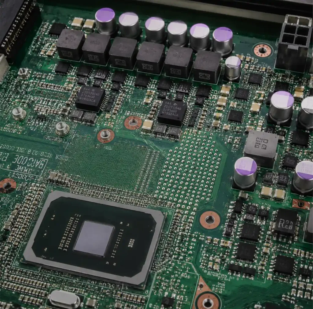 PCB power distribution network showing power planes, decoupling capacitors, and voltage regulators