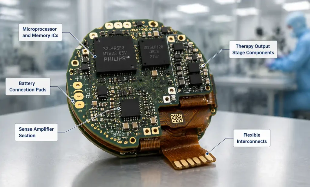 Completed cardiac pacemaker rigid-flex PCB assembly ready for hermetic sealing integration