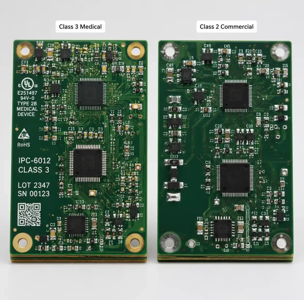 Medical device Class 3 PCB compared to standard commercial PCB showing quality differences