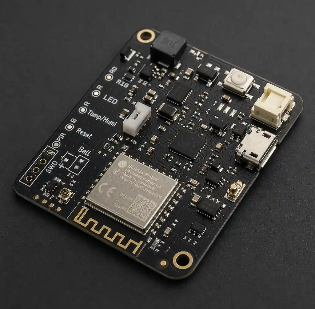 Completed IoT device PCB assembly with wireless module and sensors