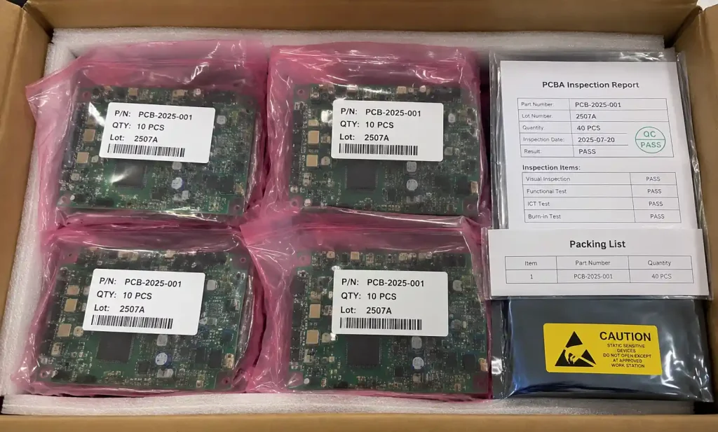 Finished PCB assemblies packaged in anti-static bags ready for shipping