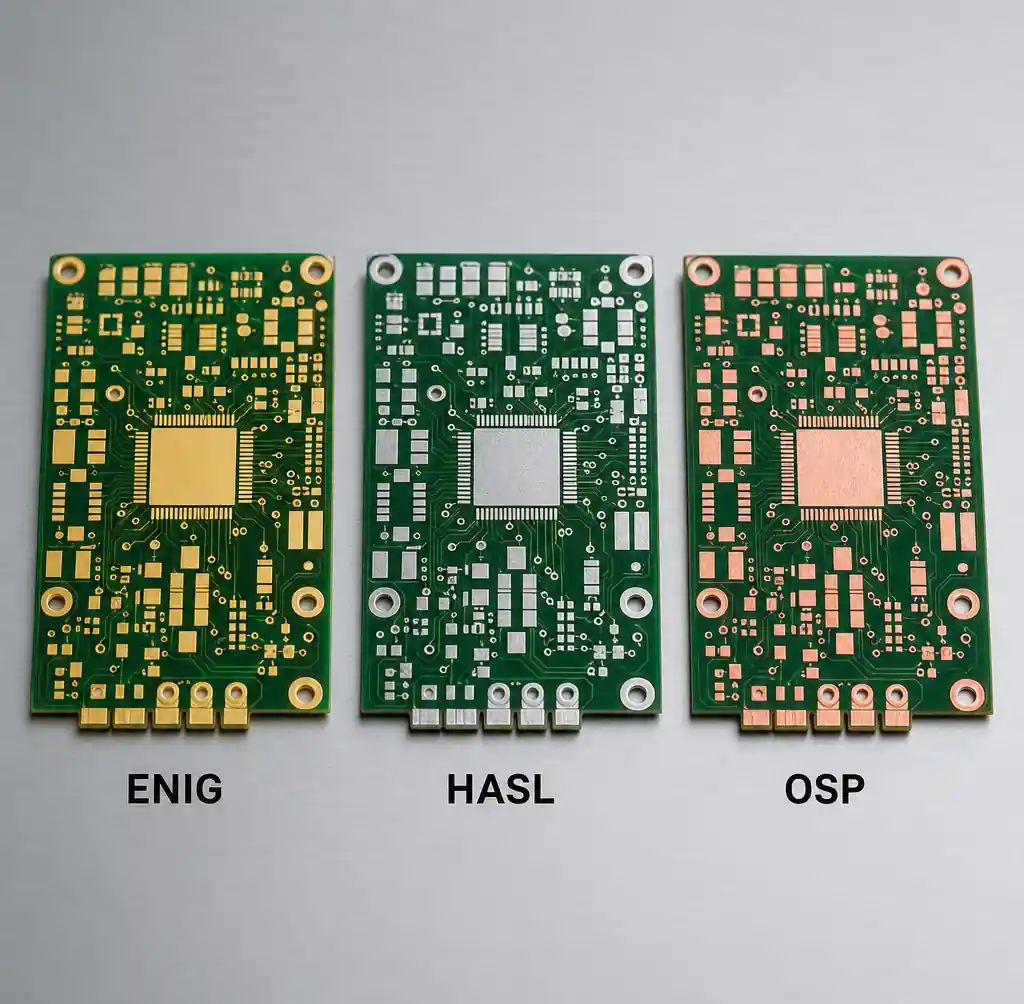 Side-by-side comparison of ENIG, HASL, and OSP surface finishes on PCB samples