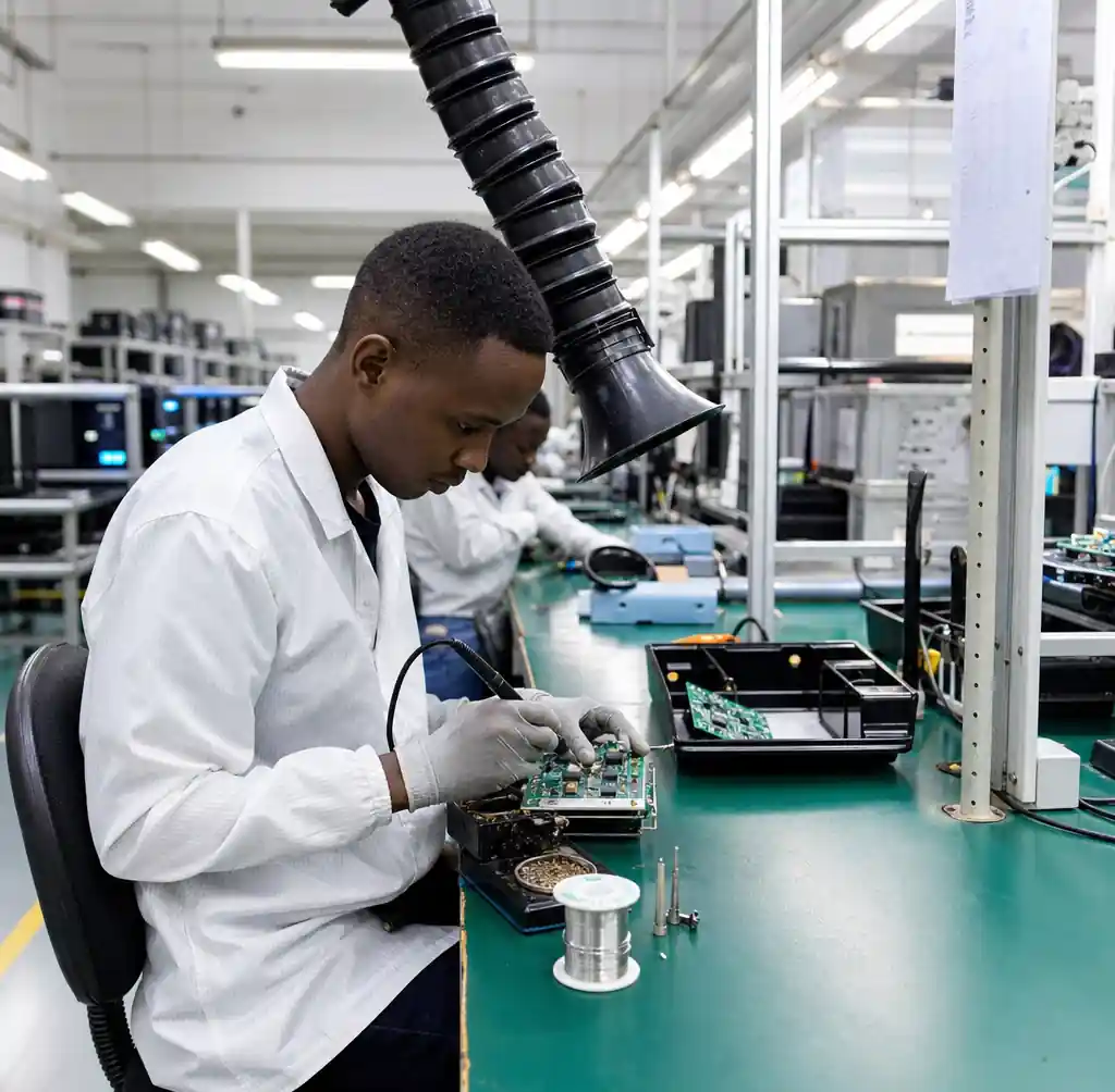 African electronics manufacturing facilities with PCB assembly lines in Kenya, Nigeria, and South Africa