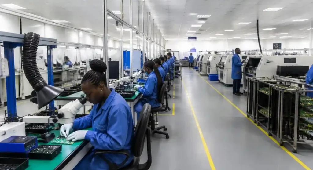 African electronics manufacturing facilities with PCB assembly lines in Kenya, Nigeria, and South Africa