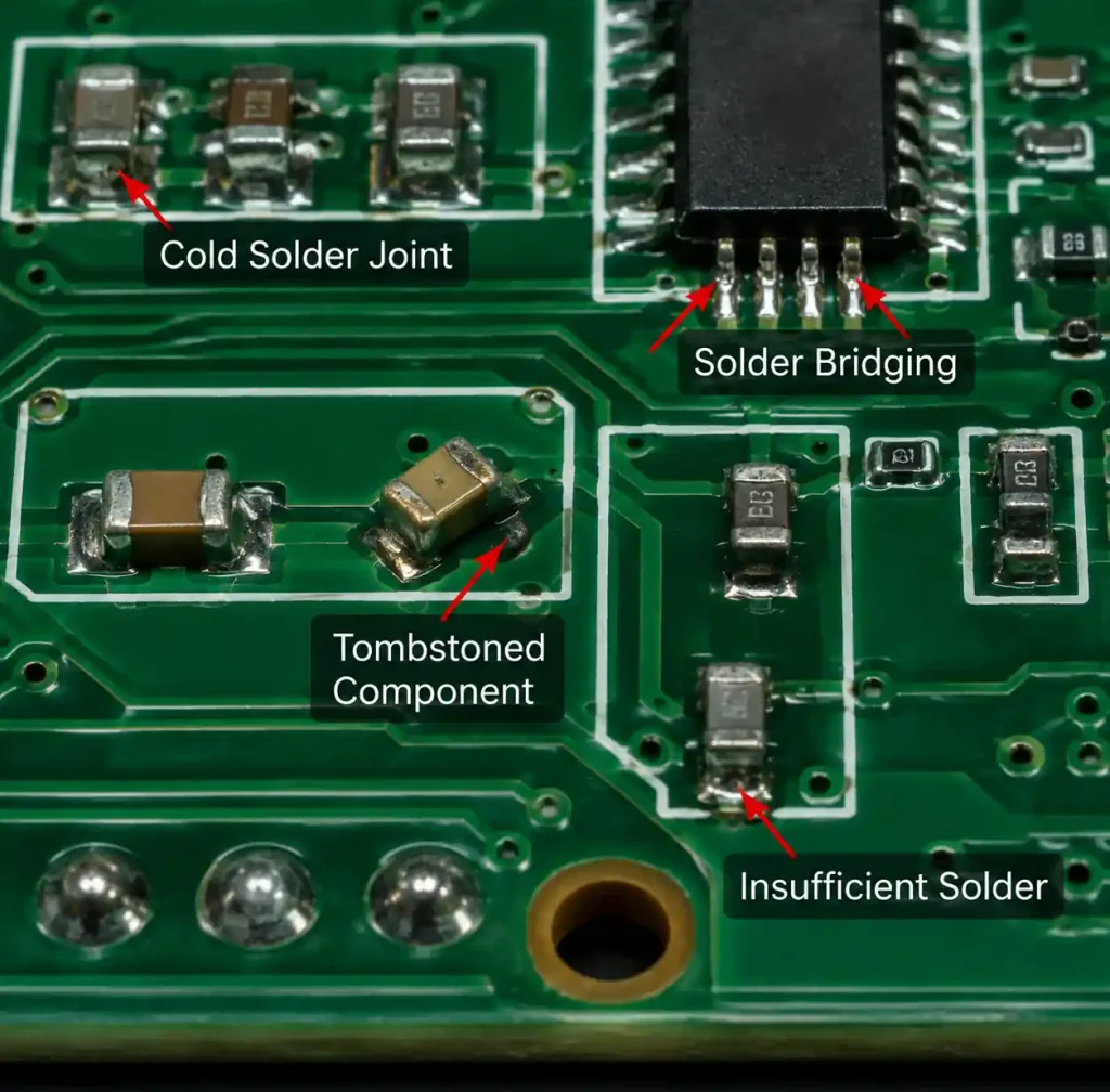 Common PCB solder joint defects including cold joints, bridging, and tombstoning on assembled circuit board