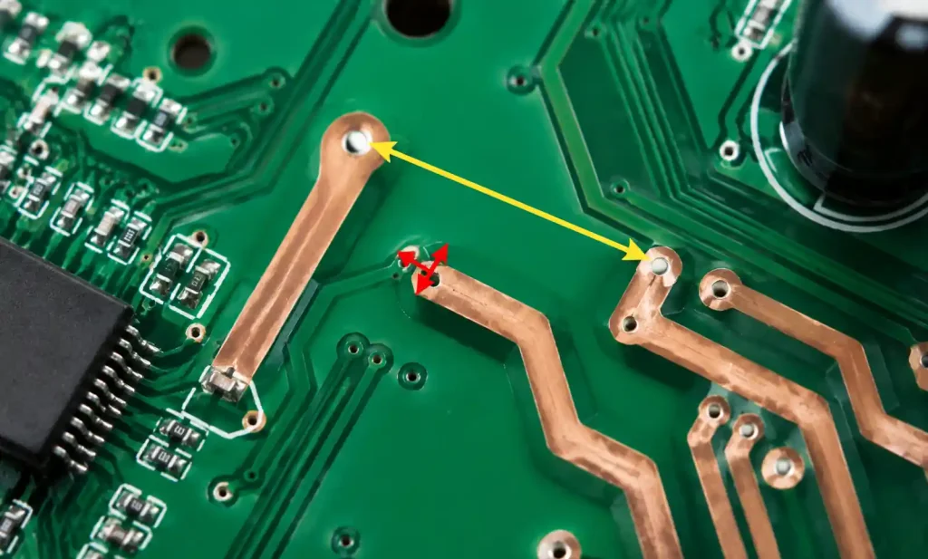 Creepage and clearance measurement on high voltage PCB showing surface path versus air gap distance