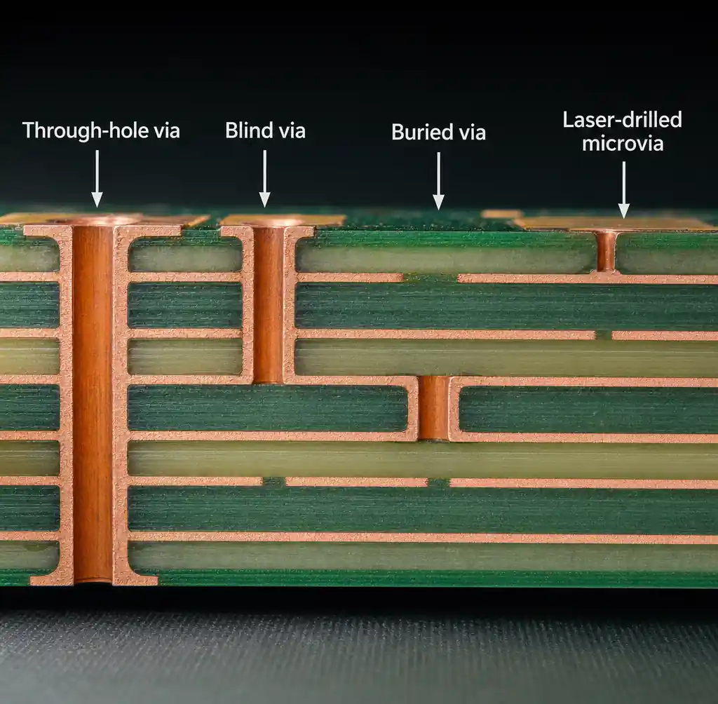 HDI PCB cross-section showing through-hole, blind, buried, and microvia structures in multilayer board