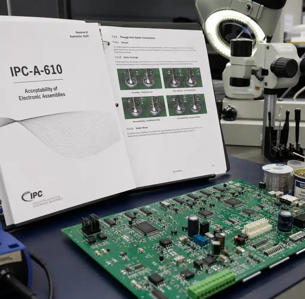 IPC-A-610 standard document with PCB assembly inspection