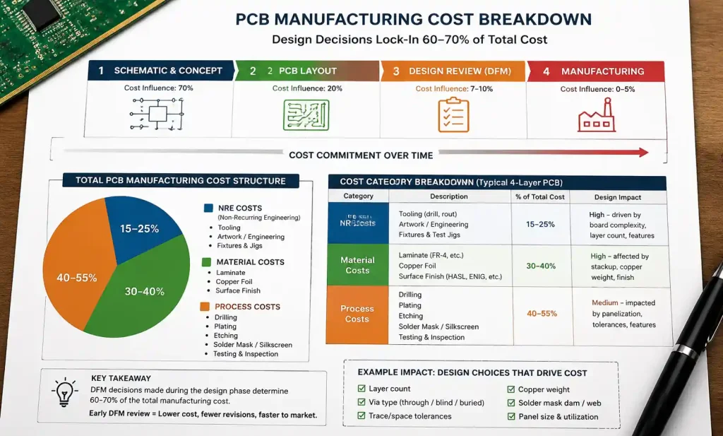 PCB design phase cost breakdown showing DFM impact
