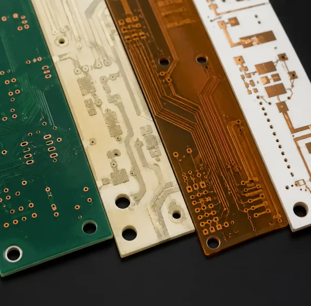 PCB substrate materials comparison showing FR4, Rogers, polyimide and ceramic boards