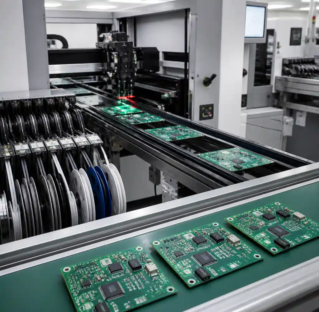 SMT assembly line running a quick turn PCB prototype batch with pick-and-place machine in operation