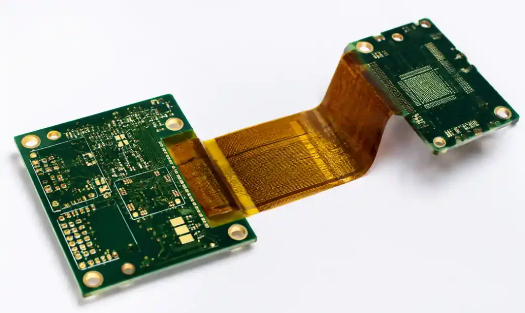 Rigid-flex PCB showing multiple lamination layers and flex sections