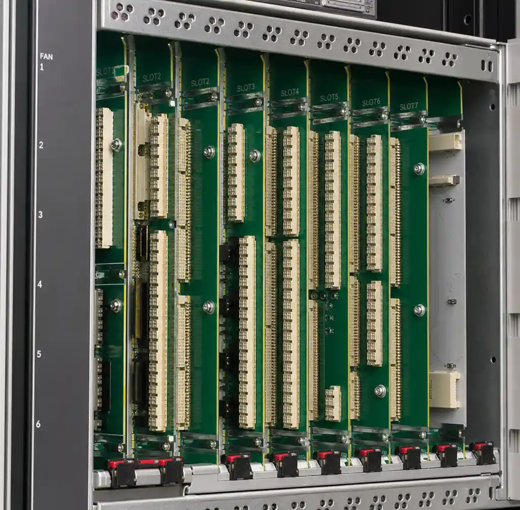 Telecommunication backplane PCB installed in network equipment chassis