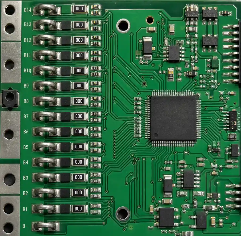 BMS PCB showing Kelvin sensing circuit layout with separated high-current and sense traces for voltage monitoring
