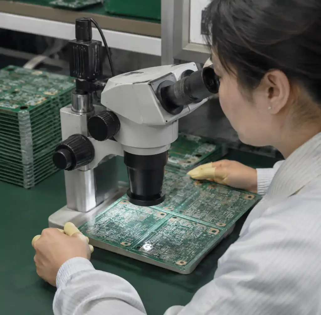Technician performing incoming PCB inspection