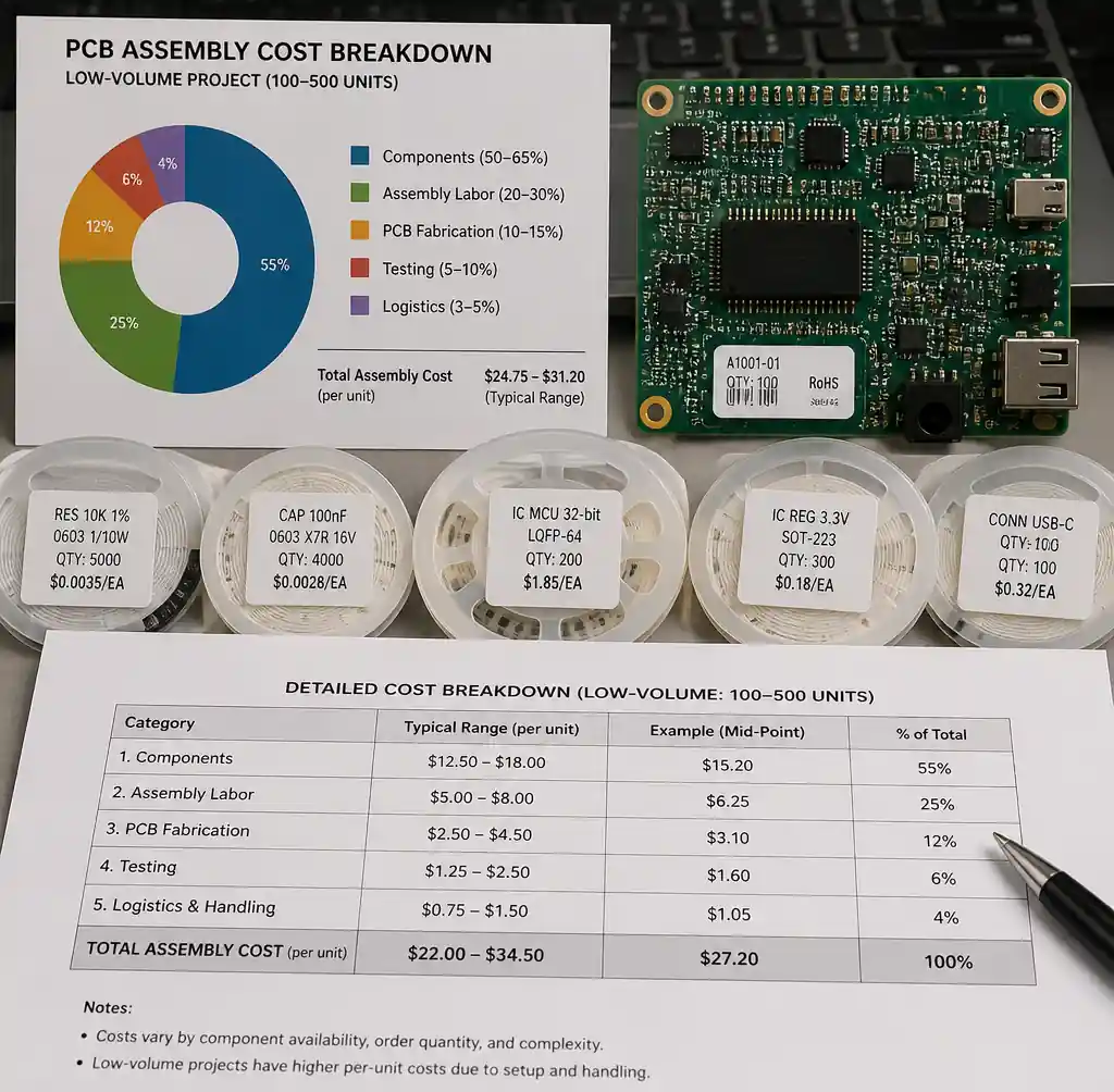 PCB assembly cost structure showing component procurement dominance