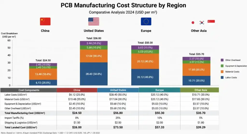 Cost breakdown comparison chart showing PCB manufacturing expenses across different regions