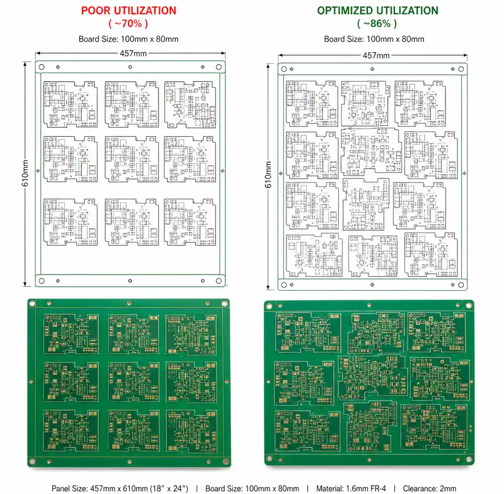 PCB panel utilization showing efficient board nesting