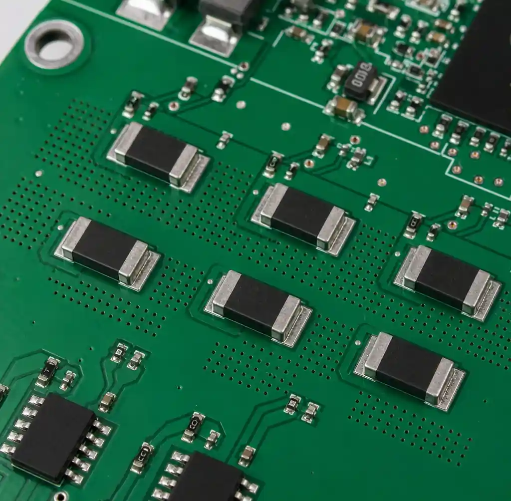 BMS PCB balancing circuit showing resistors with thermal via arrays for heat dissipation during cell balancing
