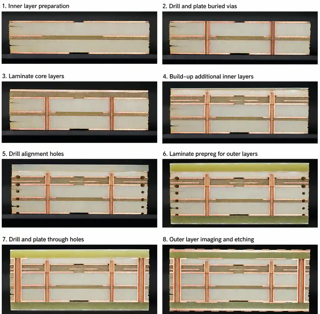 Buried via sequential build-up lamination process in HDI PCB manufacturing